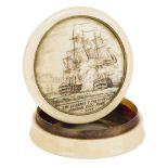 Ø AN EARLY 19TH CENTURY IVORY AND TORTOISESHELL SNUFF BOX COMMEMORATING THE GLORIOUS 1ST OF JUNE,