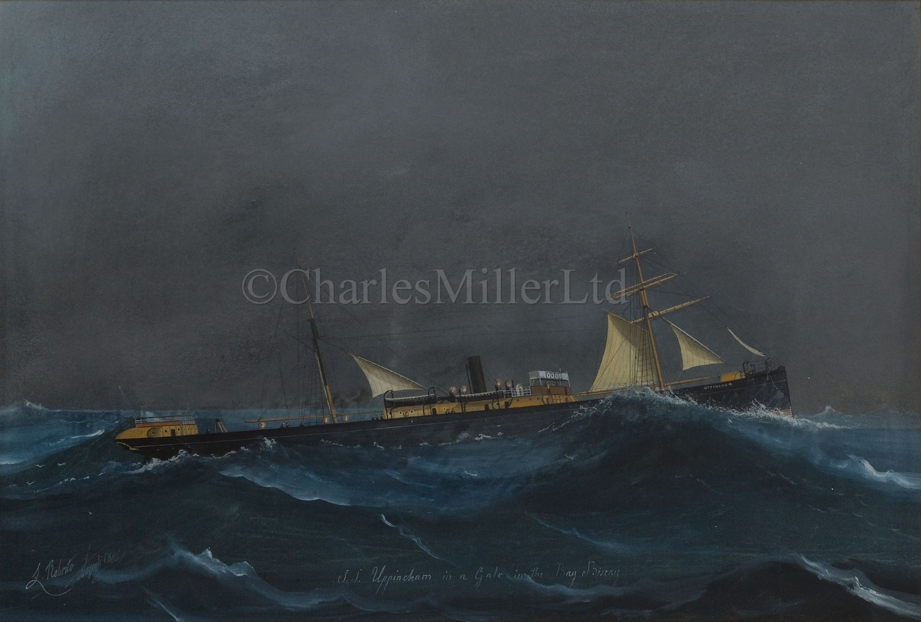 LUIGI ROBERTO (ITALIAN, 1845-1910):S.S. 'Uppingham' in a gale in the Bay of Biscay; S.S. 'Uppingham'