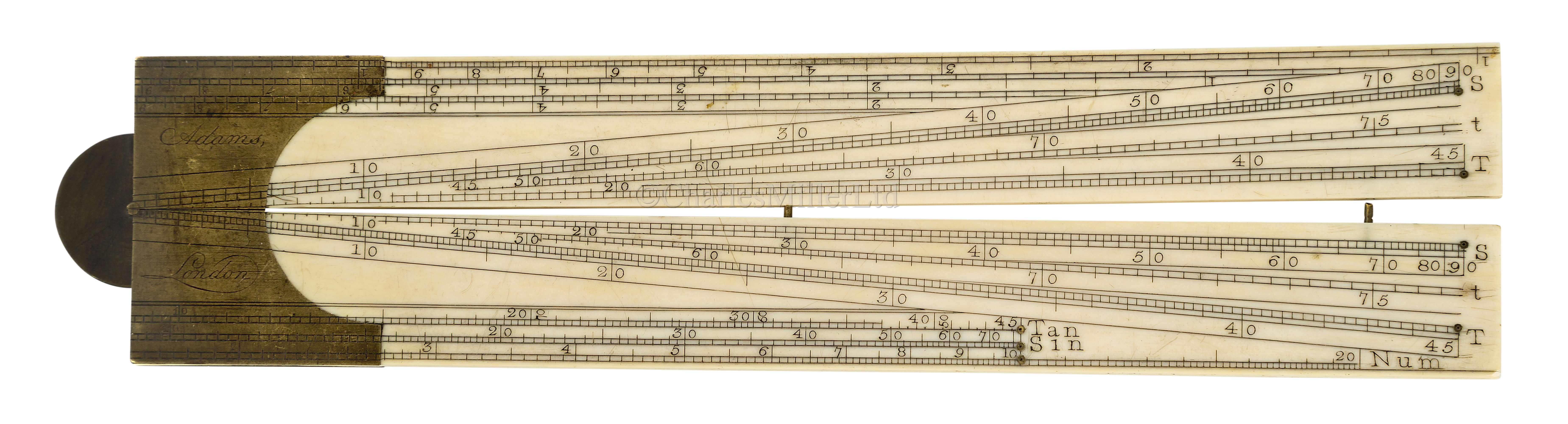 Ø A FOLDING IVORY AND BRASS SECTOR BY ADAMS, LONDON, CIRCA 1790 & 4 protractors