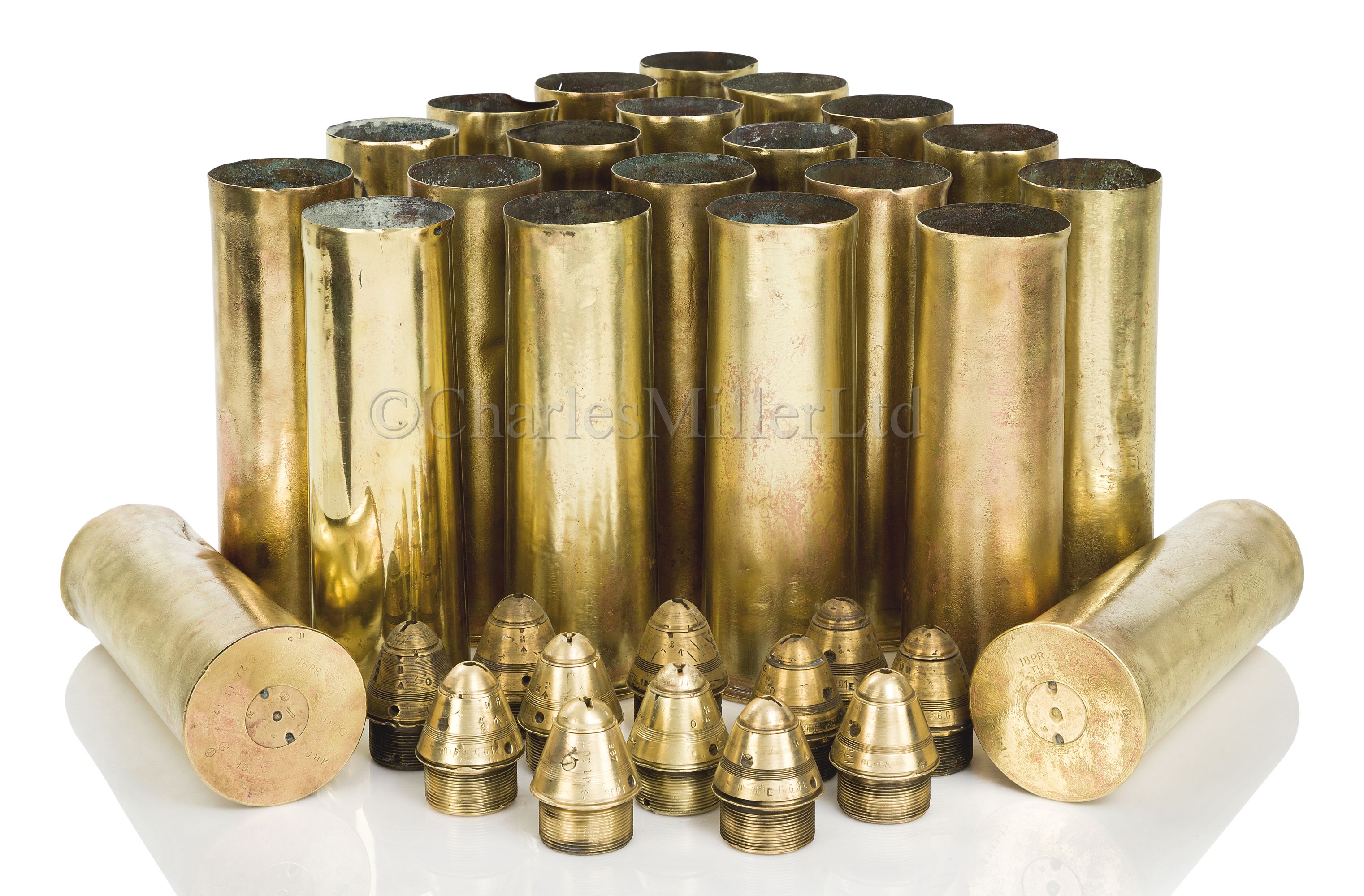 TWENTY ONE 3IN. BRASS SHELL CASES RECOVERED FROM THE WRECK OF H.M.S. 'MOLDAVIA', 1918