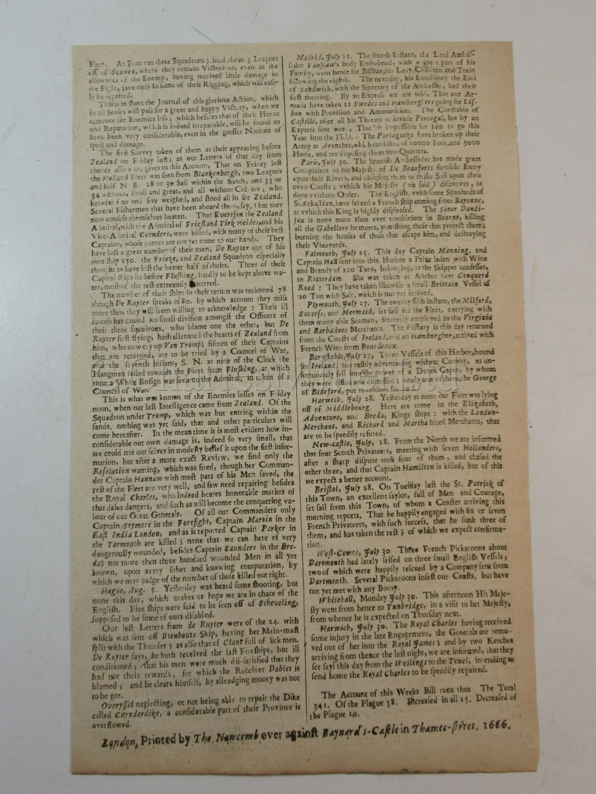 THE LONDON GAZETTE: AN ACCOUNT OF THE ST JAMES'S DAY BATTLE / BATTLE OF ORFORDNESS, 4TH AUGUST 1666 - Image 4 of 5