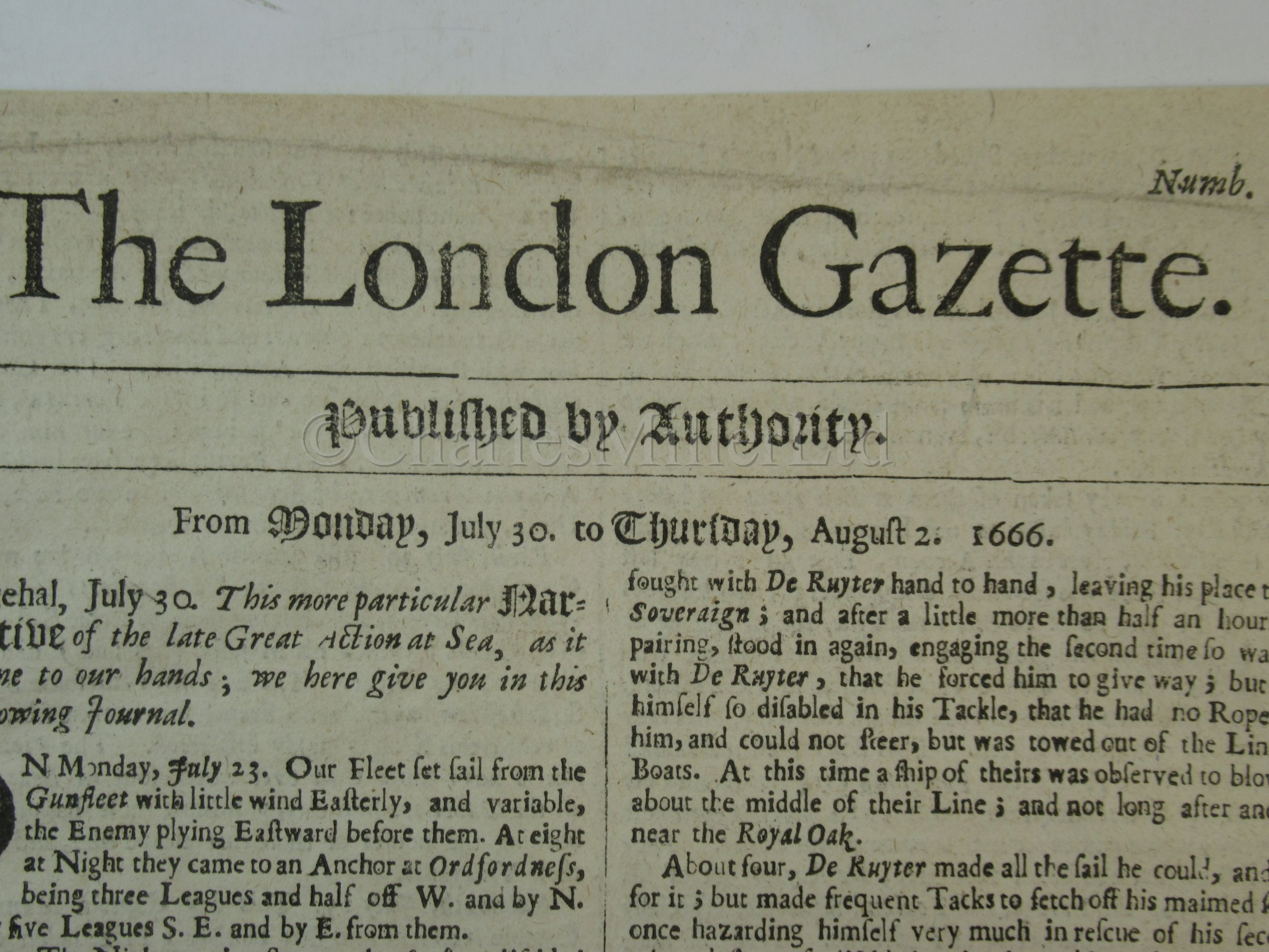 THE LONDON GAZETTE: AN ACCOUNT OF THE ST JAMES'S DAY BATTLE / BATTLE OF ORFORDNESS, 4TH AUGUST 1666