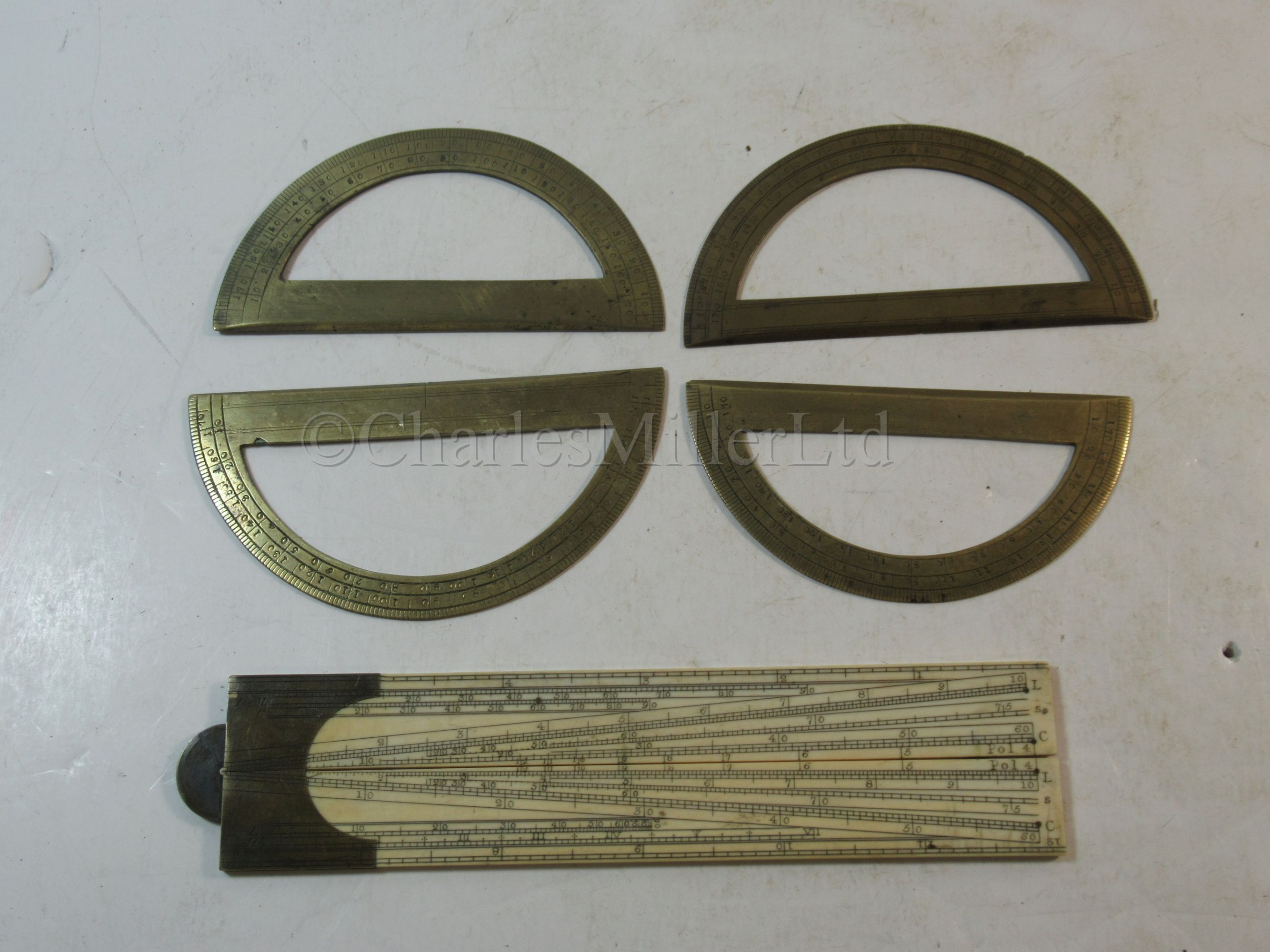 Ø A FOLDING IVORY AND BRASS SECTOR BY ADAMS, LONDON, CIRCA 1790 & 4 protractors - Image 2 of 9