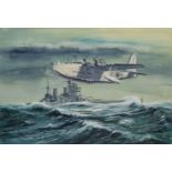 § δ BRIAN EATON (BRITISH, 20TH CENTURY): A Sunderland flying boat, flying past H.M.S. 'King Geoge V'