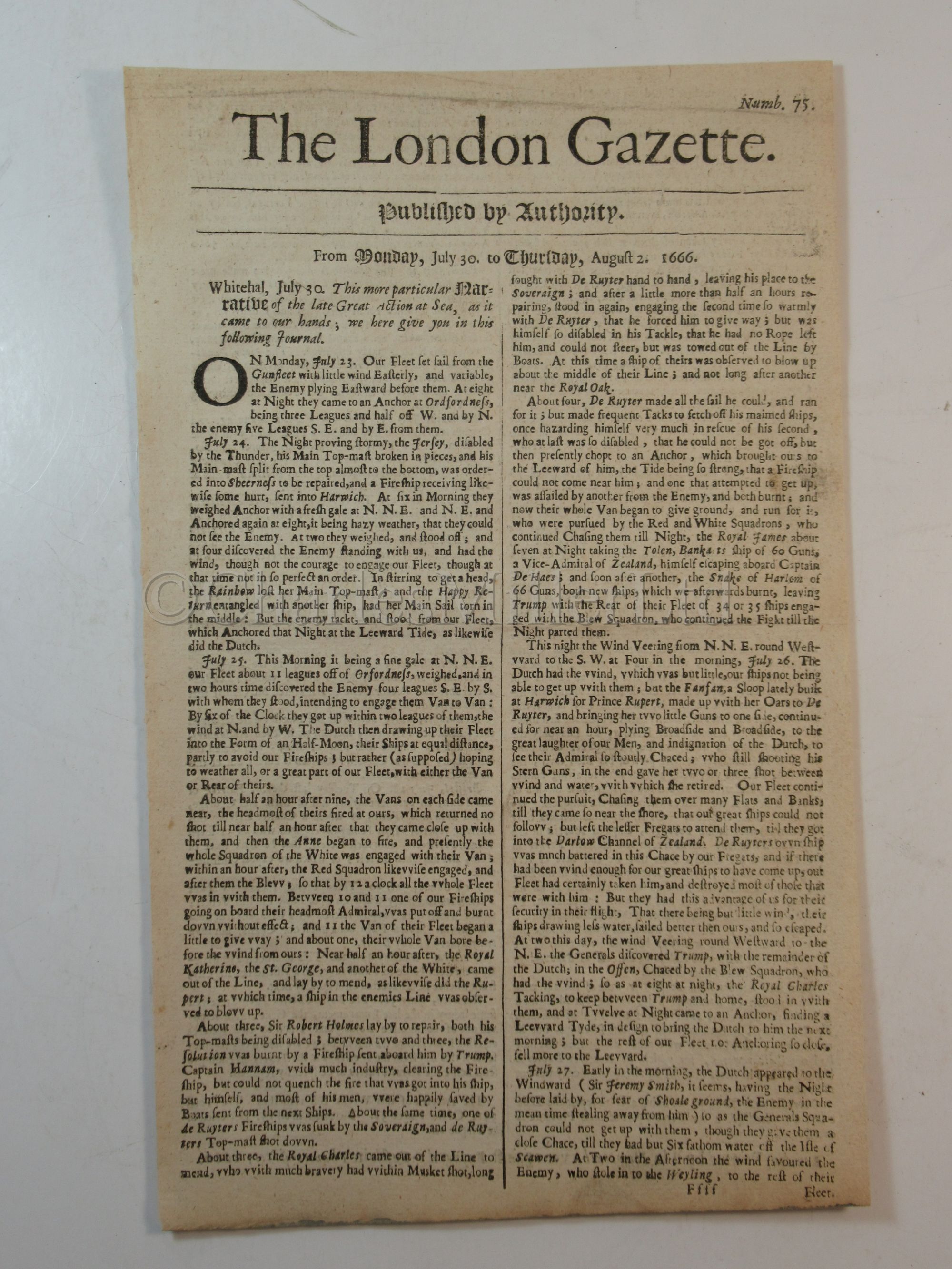 THE LONDON GAZETTE: AN ACCOUNT OF THE ST JAMES'S DAY BATTLE / BATTLE OF ORFORDNESS, 4TH AUGUST 1666 - Image 3 of 5