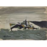 PETER ANDREWS (BRITISH, 20TH CENTURY): A destroyer in dazzle camouflage