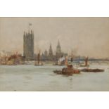 CHARLES DIXON (BRITISH, 1872-1934): Shipping on the River Thames with the Palace of Westminster and