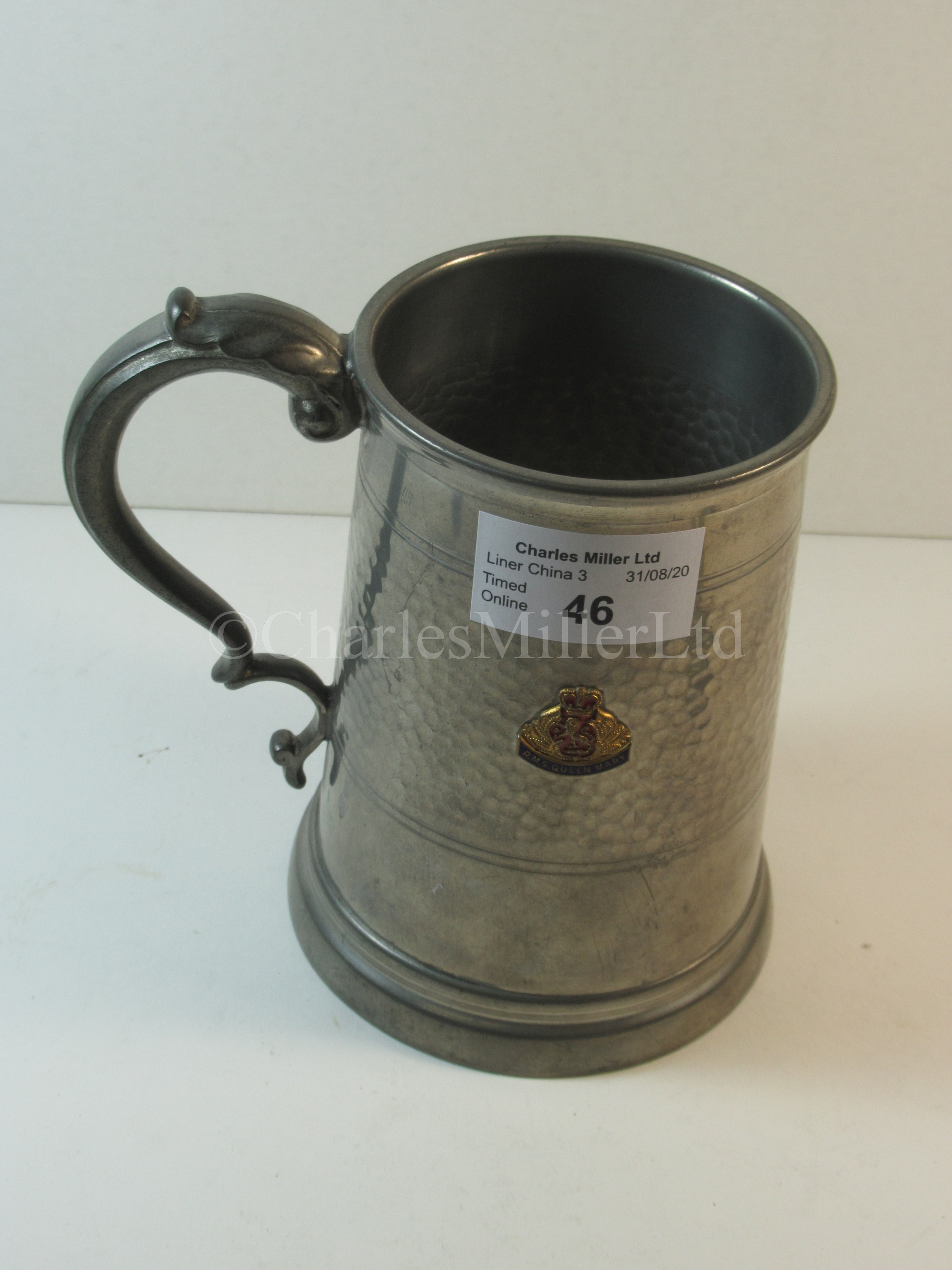 A Cunard souvenir pewter tankard, from R.M.S. 'Queen Mary'