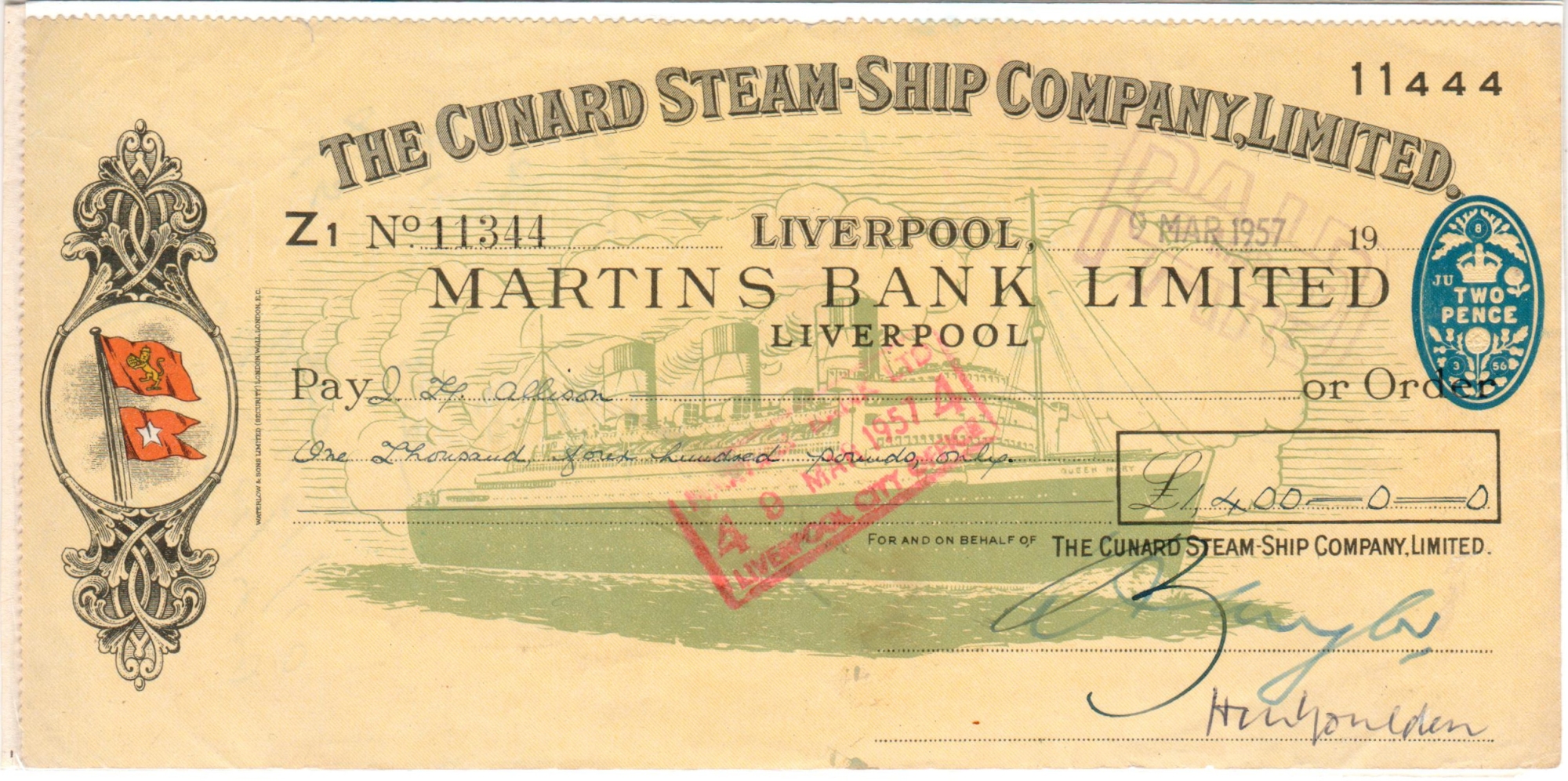 A Cunard Steam-Ship Company Ltd cheque