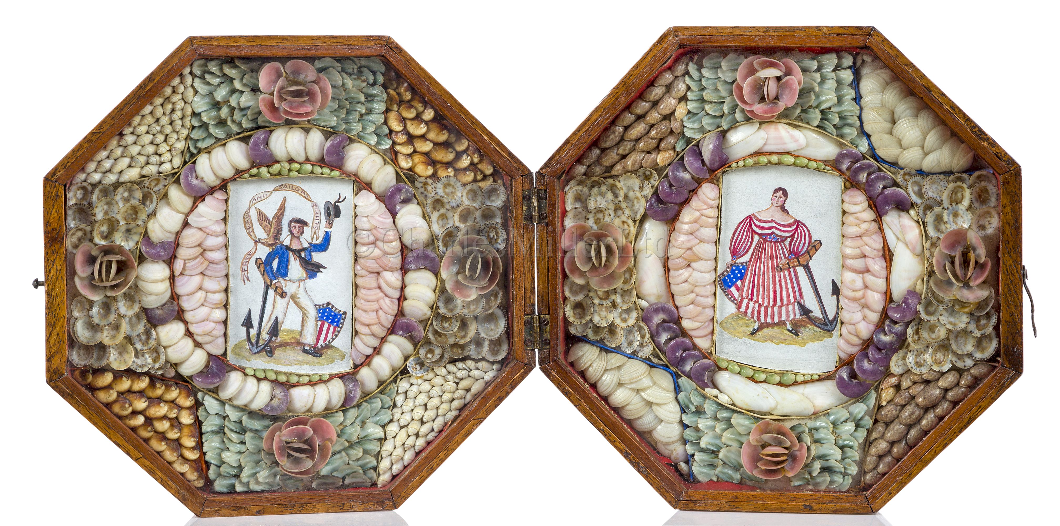 A RARE AMERICAN DOUBLE SHELLWORK VALENTINE WITH SAILOR'S WATERCOLOUR INSERTS, CIRCA 1840