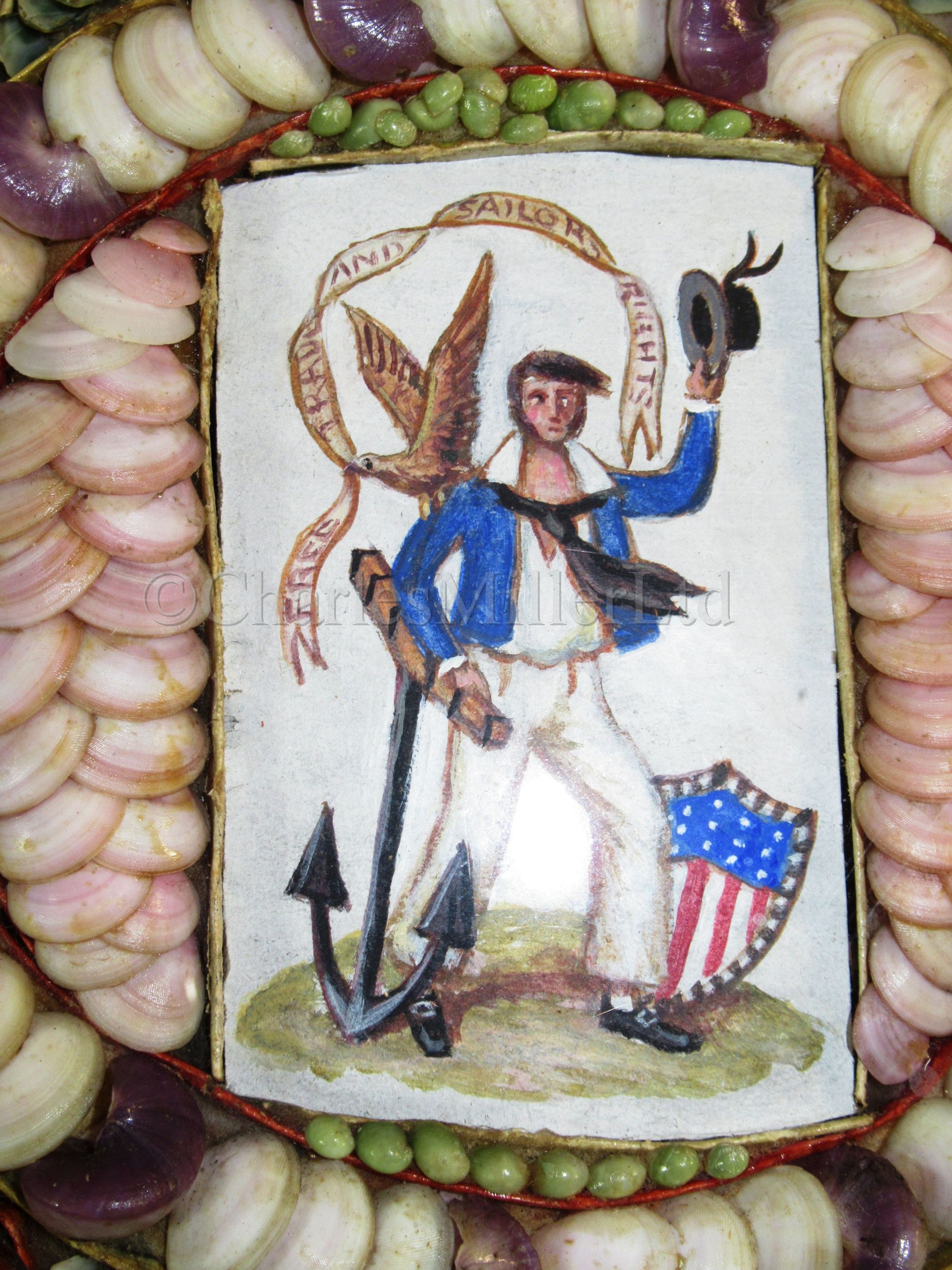 A RARE AMERICAN DOUBLE SHELLWORK VALENTINE WITH SAILOR'S WATERCOLOUR INSERTS, CIRCA 1840 - Image 4 of 19