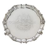 A RARE PRESENTATION SALVER COMMEMORATING THE LAUNCH OF H.M.S. CAPTAIN, 1743