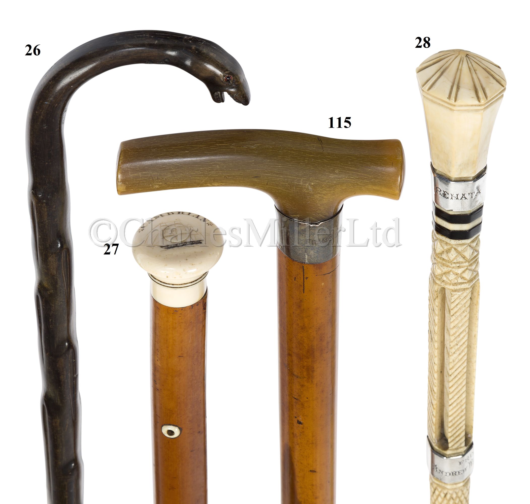 Ø A 19TH CENTURY MALACCA AND MARINE IVORY WALKING STICK COMMEMORATING THE WHALER CAMBRIAN