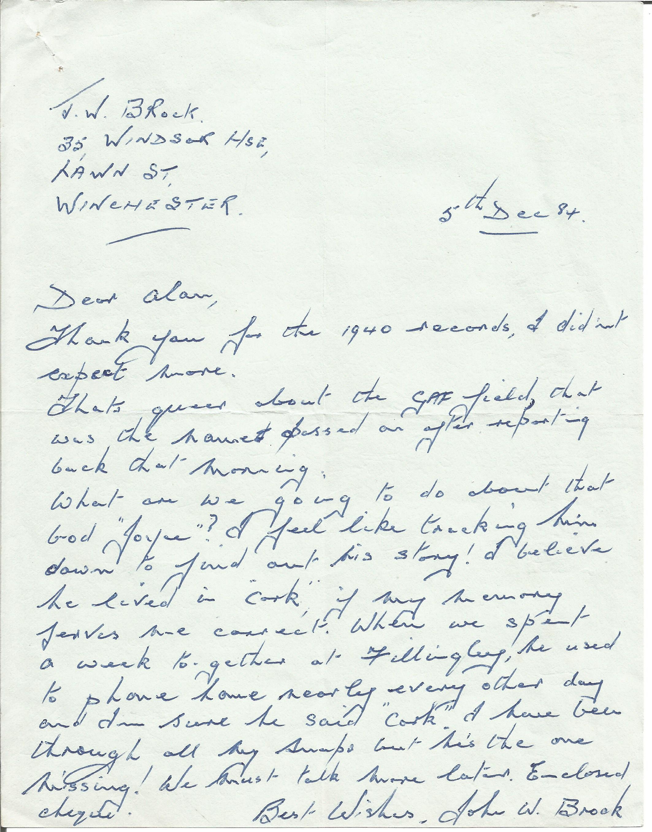 Colditz WW2 inmate Sgt John Brook WW2 61 Sqn POW 1940, 1984 hand written letter to WW2 Author Alan