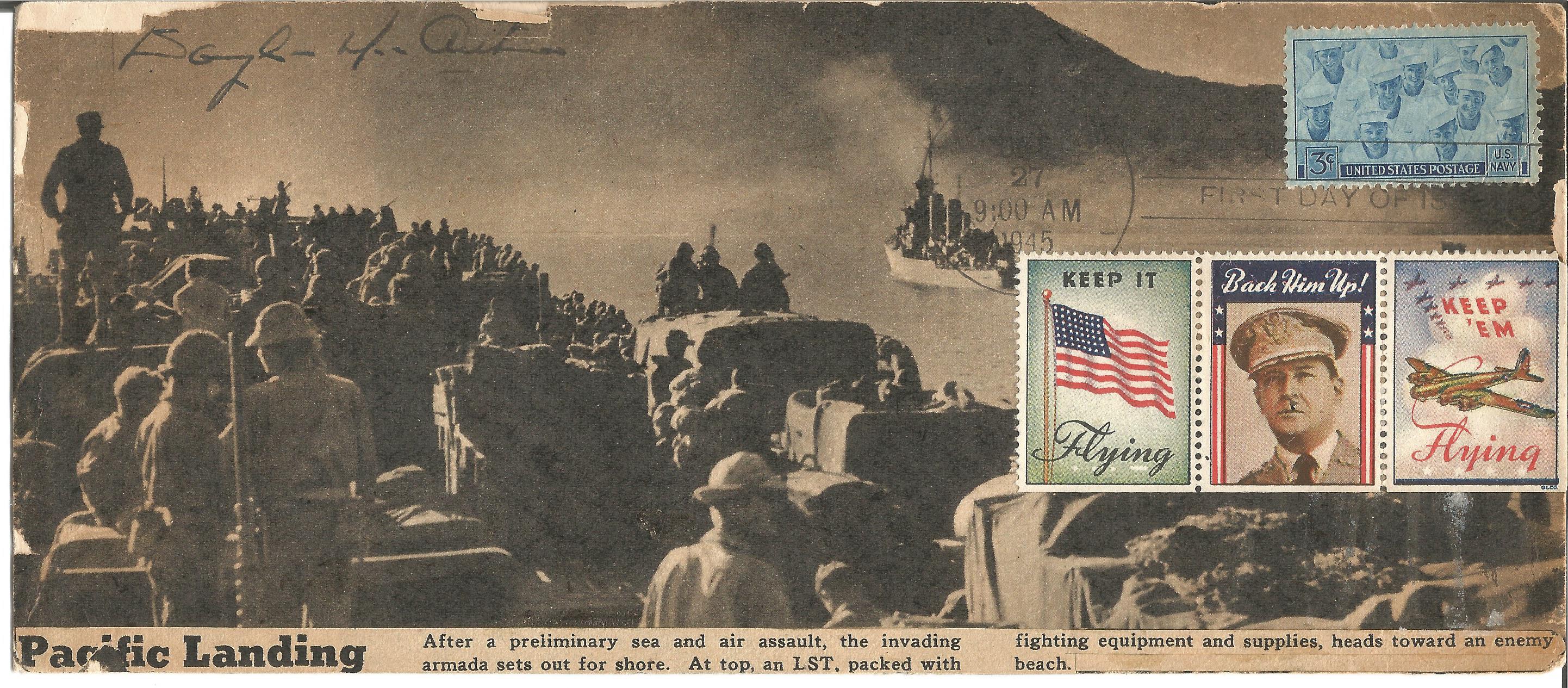 Douglas Macarthur signed 1945 US illustrated FDC depicting the Pacific landings. Bit scruffy at