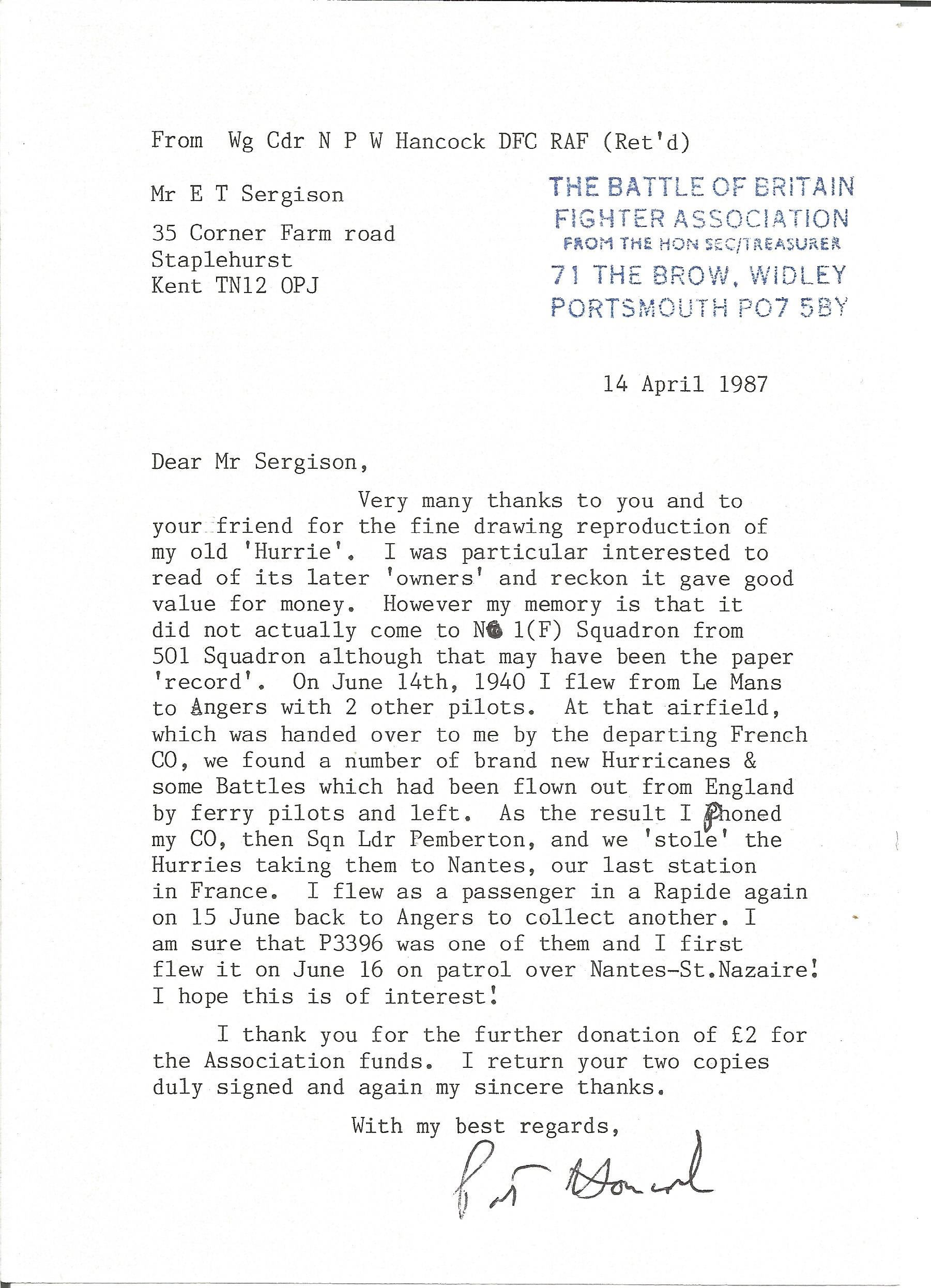 Pat Hancock fighter ace typed signed letter to WW2 RAF Battle of Britain historian Ted Sergison with