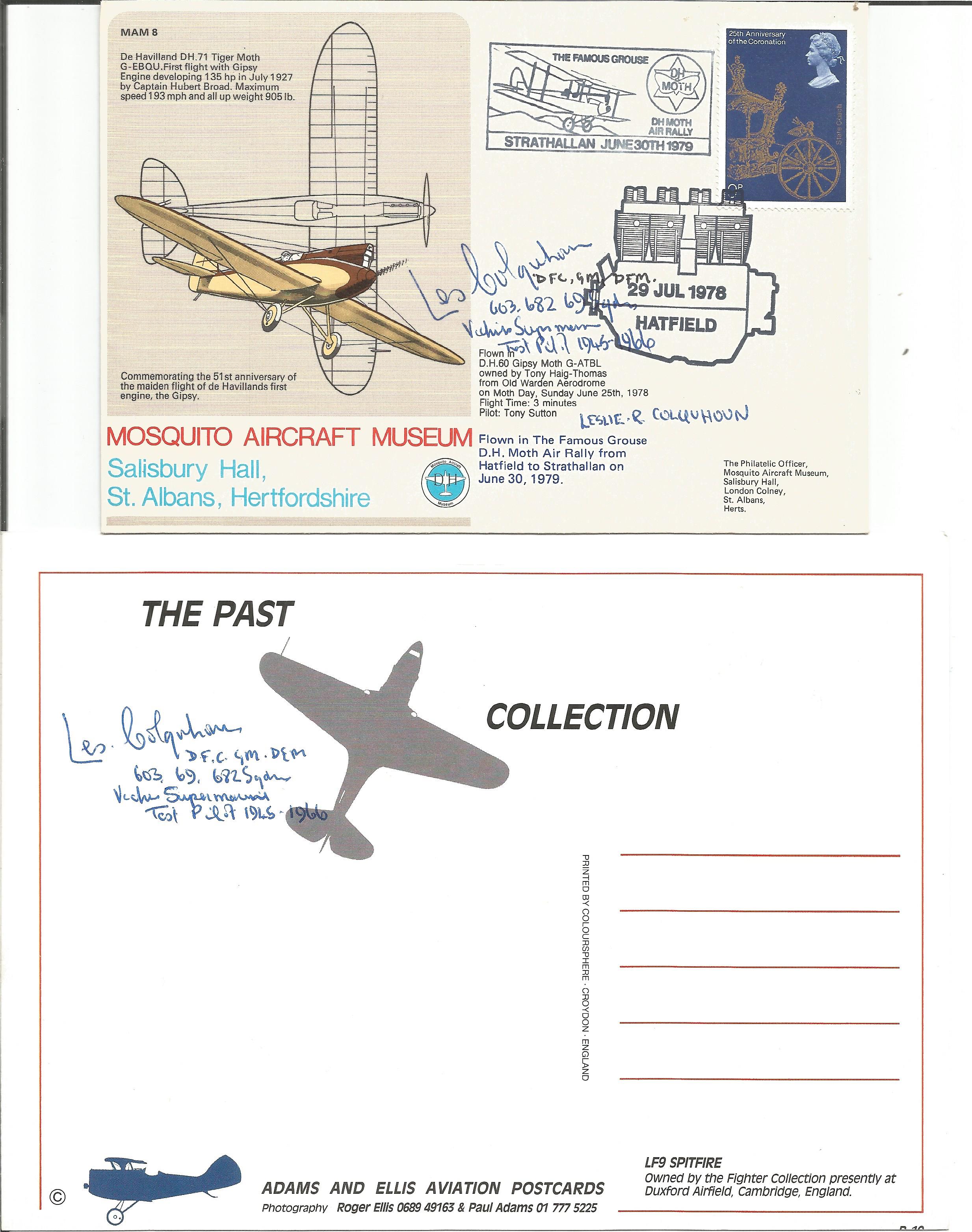 WW2 ace Leslie Colquhoun DFC GM DFM signed Mosquito Aircraft Museum cover and back of colour