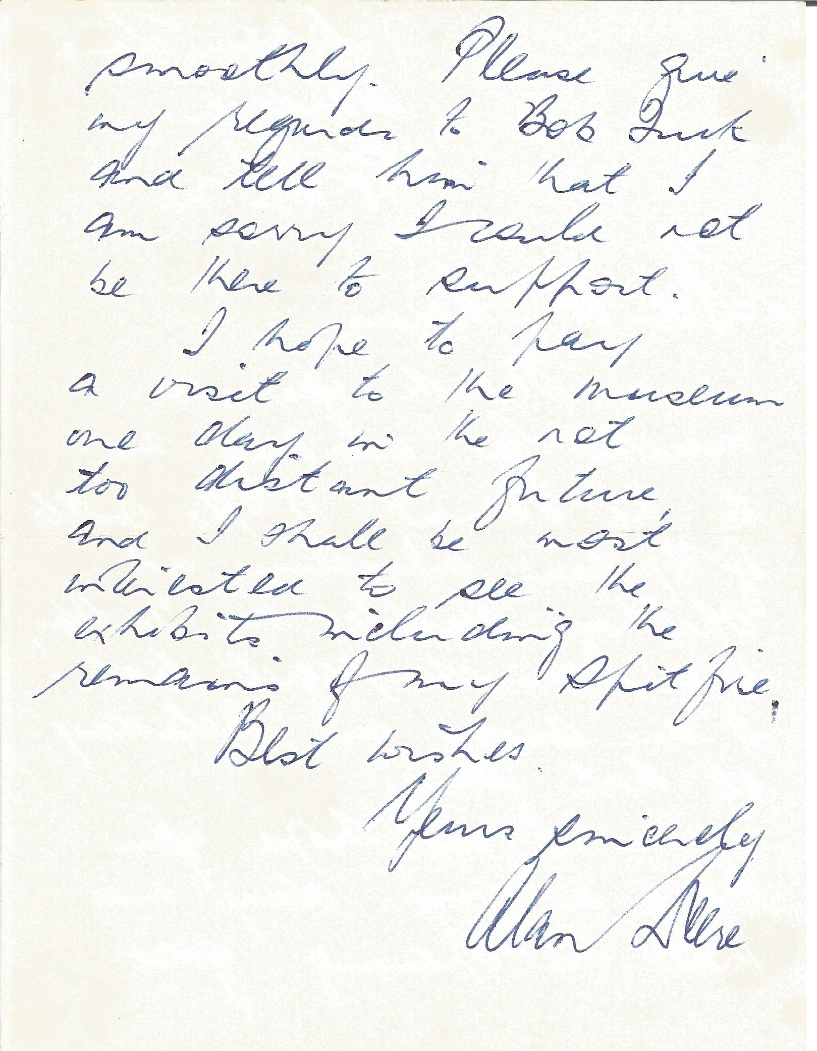 Alan Deere Battle of Britain hand written letter regarding BOB museum with press article on the dale - Image 2 of 3