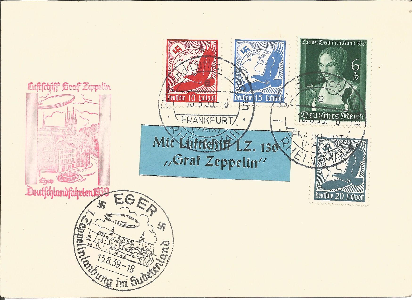 1939 LZ130 Graf Zeppelin flown cover Frankfurt postmarks and Eger Czech Republic mark. With LZ130.