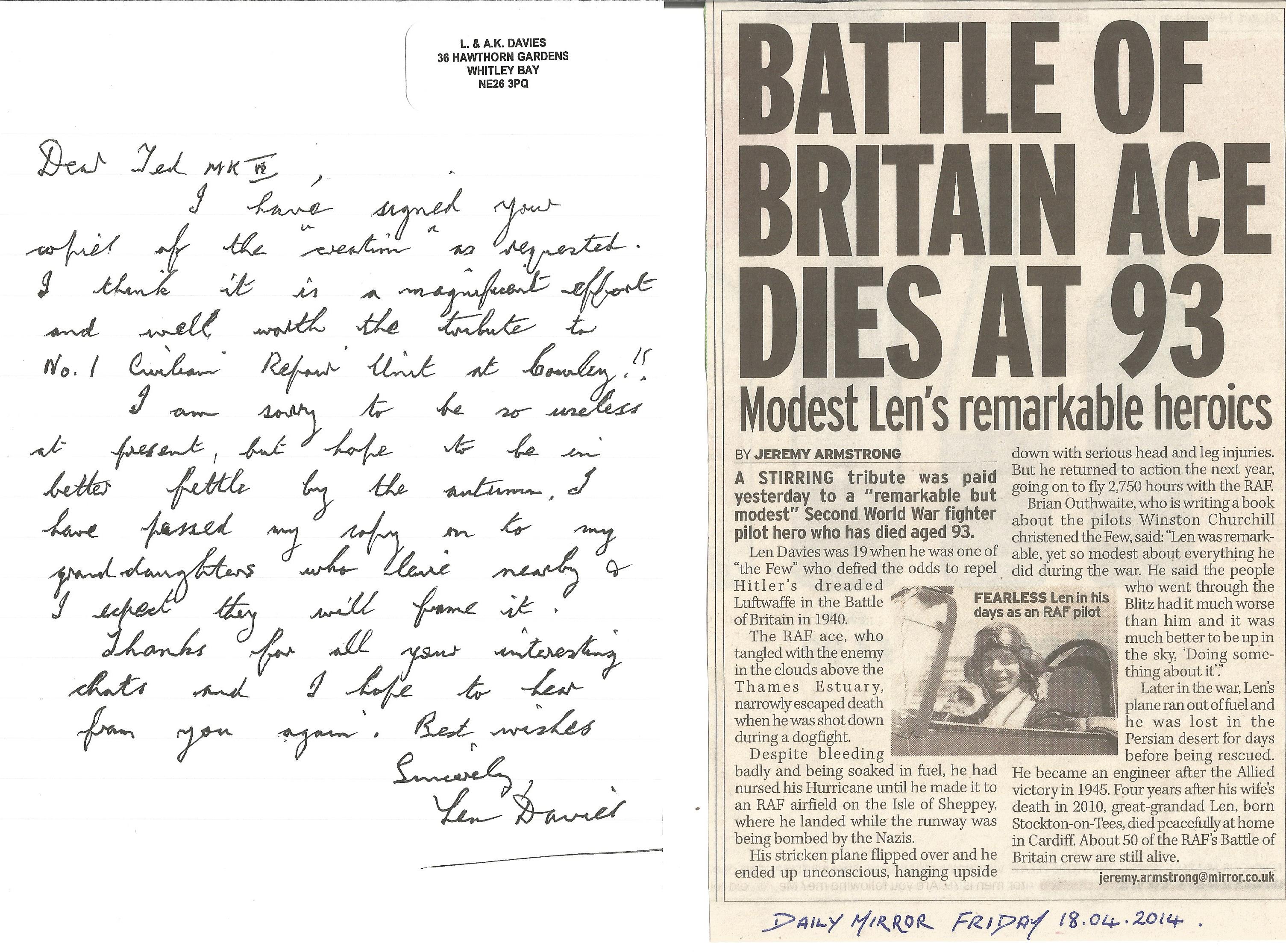 Len Davies Battle of Britain pilot hand written letter and obituary from Ted Sergison Battle of