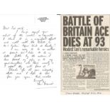 Len Davies Battle of Britain pilot hand written letter and obituary from Ted Sergison Battle of