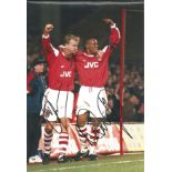 Dennis Bergkamp and Ian Wright Arsenal Signed 16 x 12 inch football photo. Good Condition. All