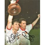 Mark Hughes and Steve Bruce Man United Signed 10 x 8 inch football photo. Good Condition. All