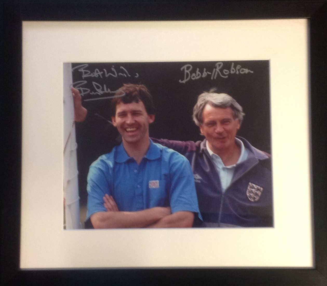 Bobby Robson and Bryan Robson England 15 x 13 professionally framed and double mounted signed colour