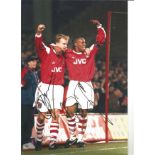 Dennis Bergkamp and Ian Wright Arsenal Signed 12 x 8 inch football photo. Good Condition. All