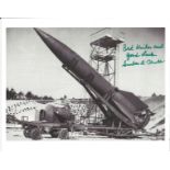 WW2 Rocket Scientist Gustav Kroll signed 10 x 8 b/w photo of a V2 Rocket on launch gantry ready to