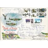 Multi signed large Battle of Britain 25th anniversary FDC special commemorative issue. Signed by 17.