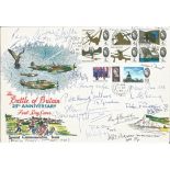 Multi signed large Battle of Britain 25th anniversary FDC special commemorative issue. Signed by 21.