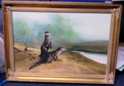 Otters original oil painting on canvas in attractive gilt frame signed Nanee/ Nance? Approx 36 x