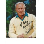 Arnold Palmer dedicated signed 10x8 colour photo Golfer. Good Condition. All autographs are