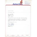 Graham Taylor signed typed letter on Aston Villa letterhead to WW2 book author Alan Cooper. Sport