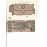 1864 $2 part of Confederate bank note laid down to larger page plus complete $10 note, which we do