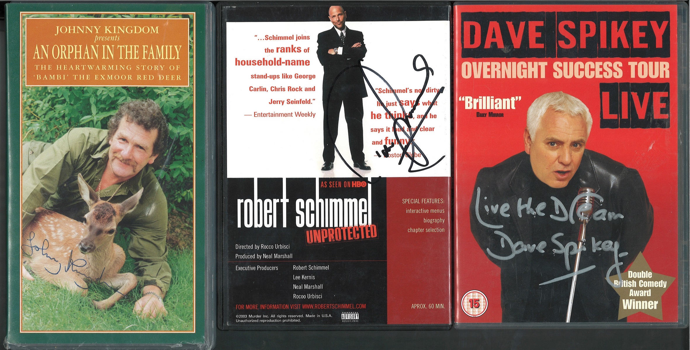 DVD and video signed collection. Includes 2 DVD's signed by Dave Spikey and Robert Schimmel and