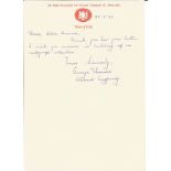 Viscount Tonypandy handwritten note on House of Lords letterhead with biography. Political