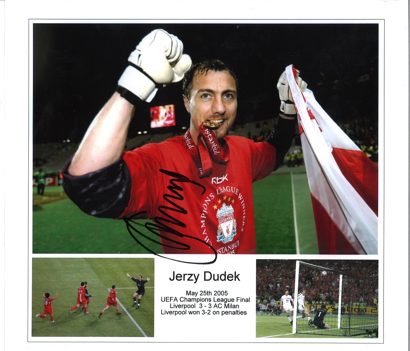 Jerzy Dudek Istanbul Liverpool Signed 16x 12 inch football collage Istanbul photo. Supplied from