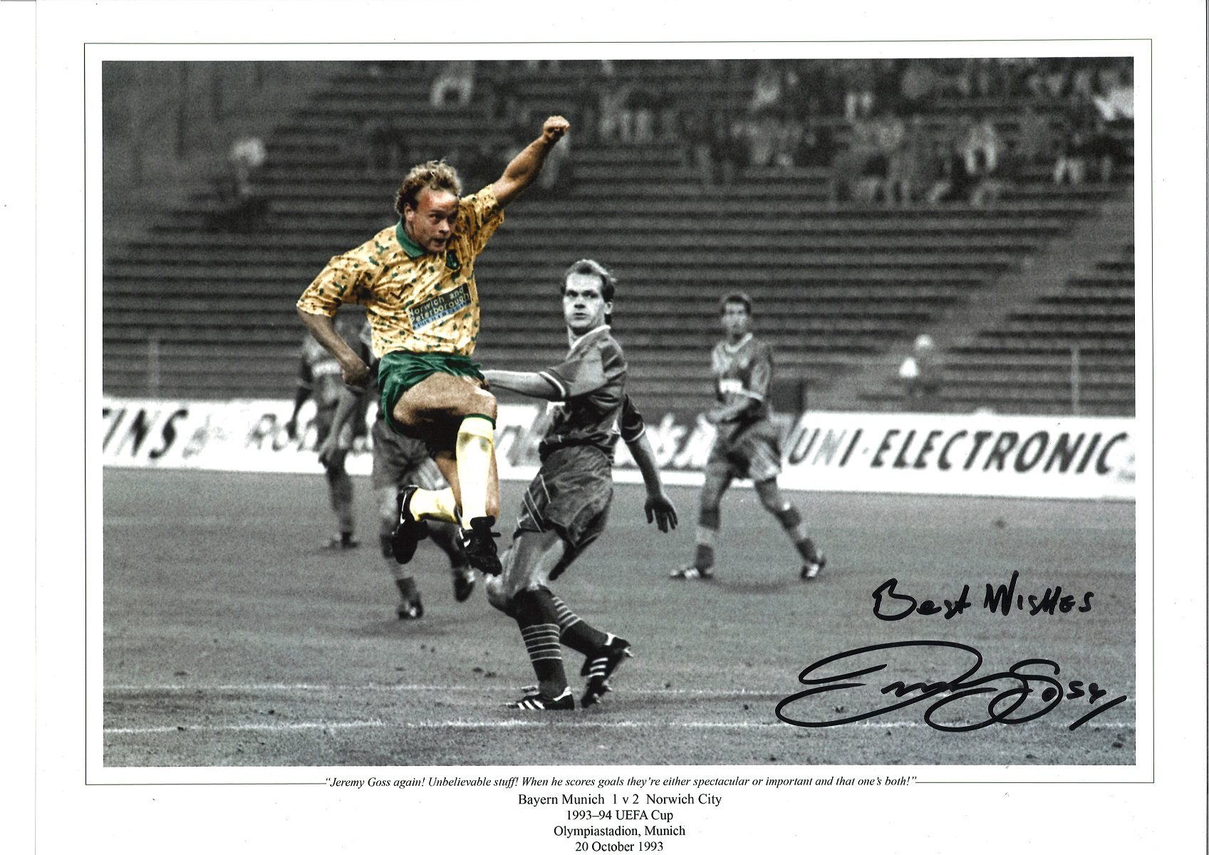 Jeremy Goss Bayern Collage Norwich City Signed 16 x 12 inch football photo. Supplied from stock of