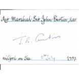 Air Marshall Sir John Curtiss signed 6 x 4 white card with name and details neatly written to top