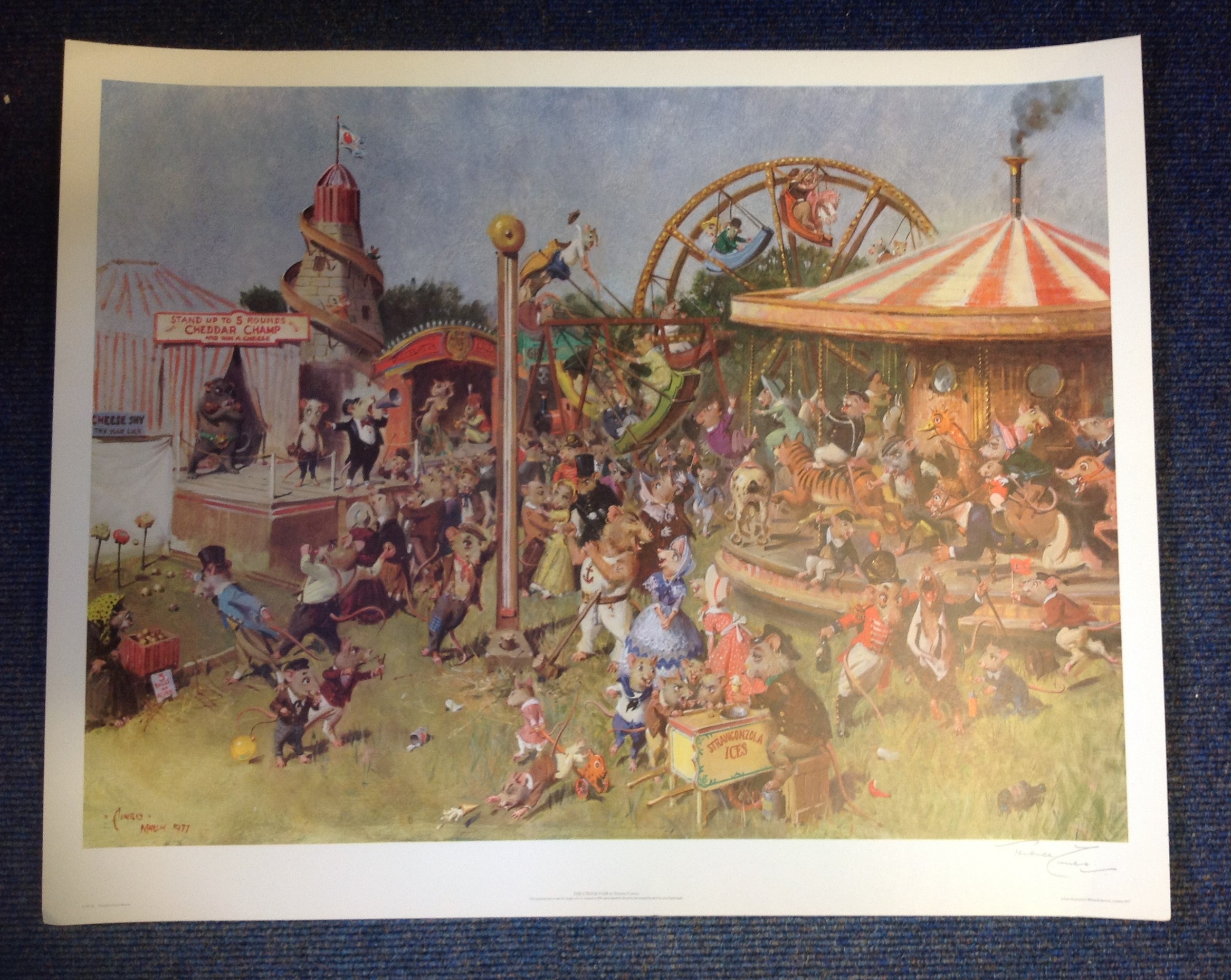 Print 25x30 titled The Cheese Fair signed in pencil by the artist Terence Cuneo. Good Condition. All