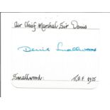 ACM Sir Denis Smallwood signed 6 x 4 white card with name and details neatly written to top and