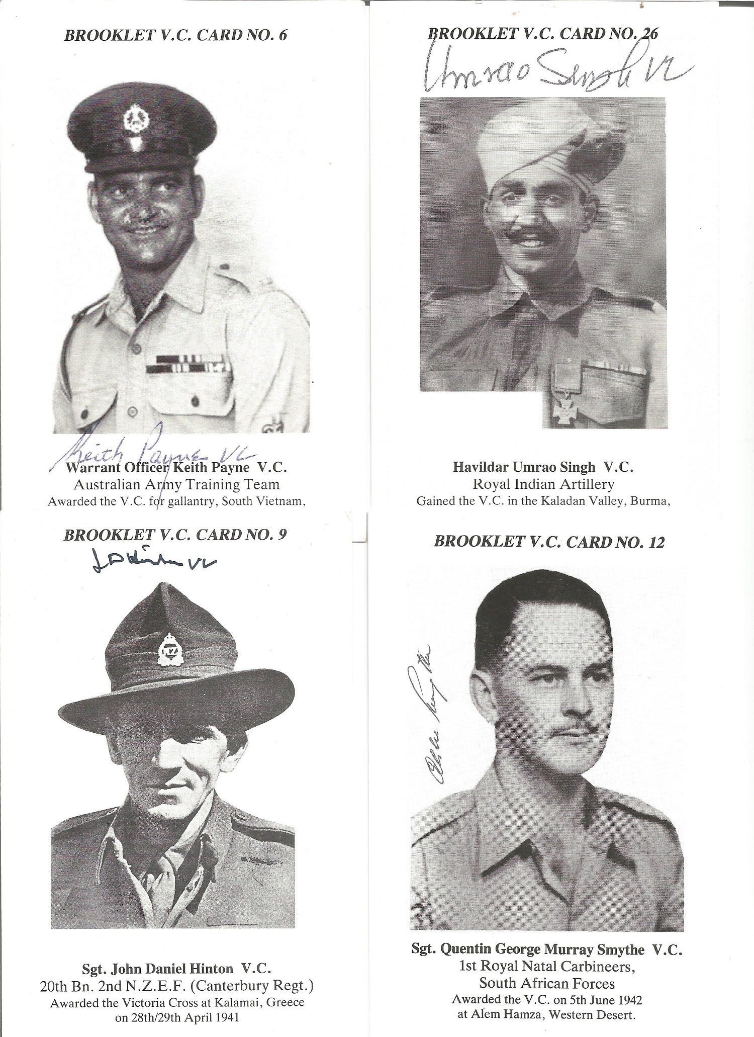 Victoria Cross Booklet card signed collection. Six 6 x 4 portrait cards with images and titles