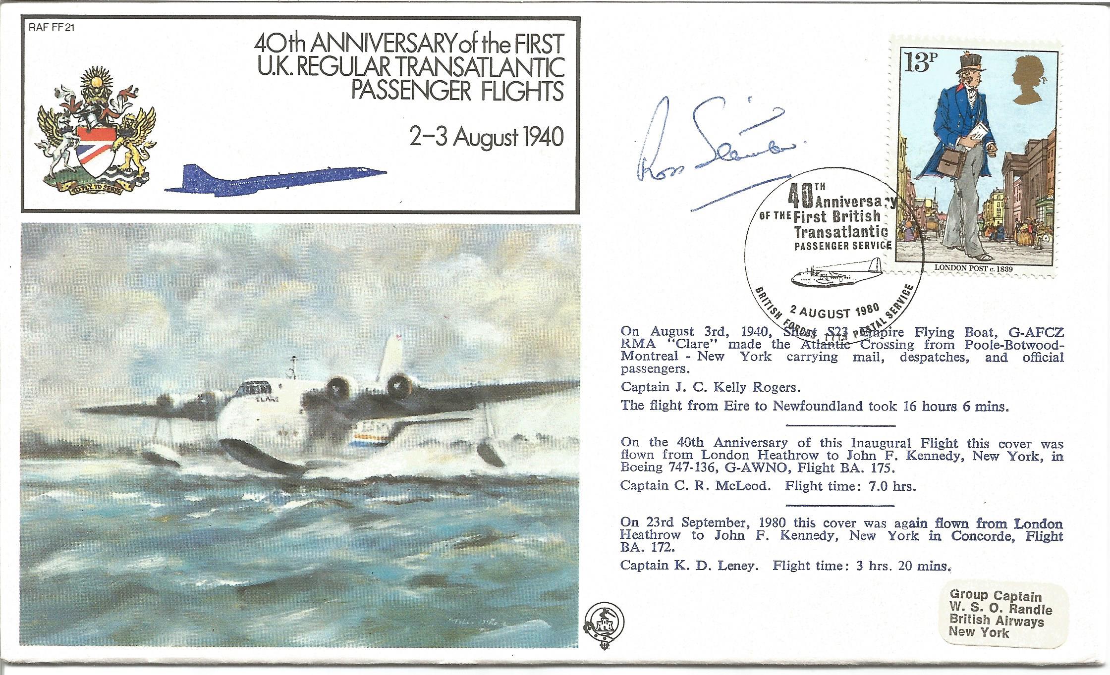 First UK Regular Transatlantic Passenger Flights official signed cover RAF FF21. Signed by Sir