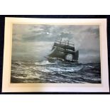 Nautical print 30x42 approx titled Silvery Night by the artist Montague Dawson. Good Condition.