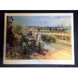 Historical Print approx 33x26 titled Bentleys at Le Mans 1929 by the artist Terence Cuneo.