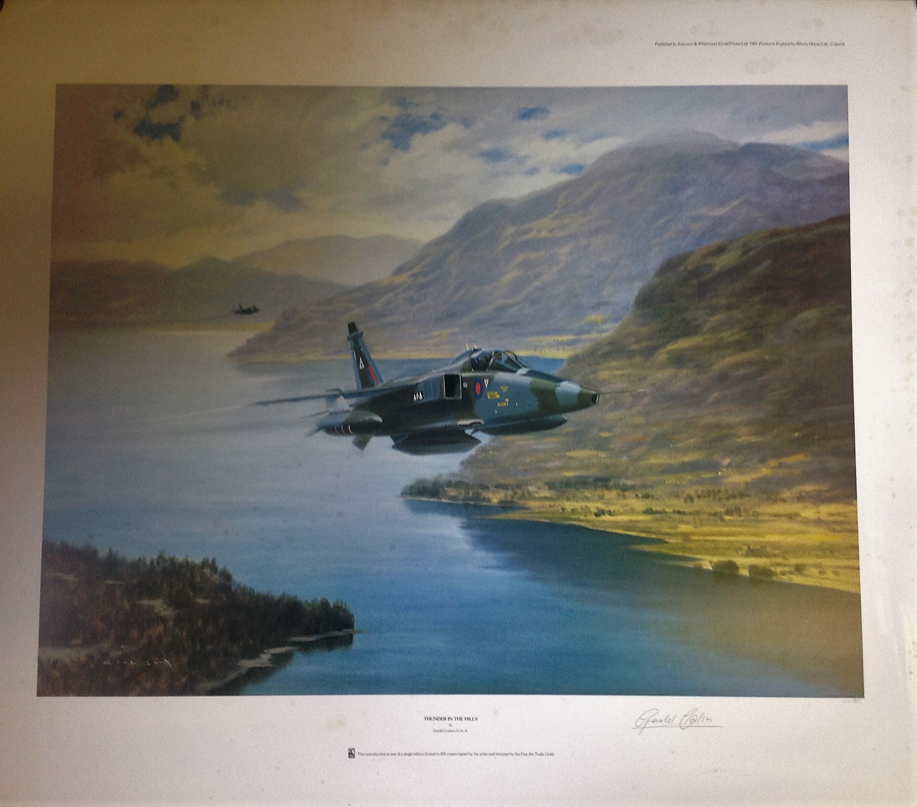 RAF Aviation print 26x32 approx titled Thunder in the Hills signed in pencil by the artist Gerald