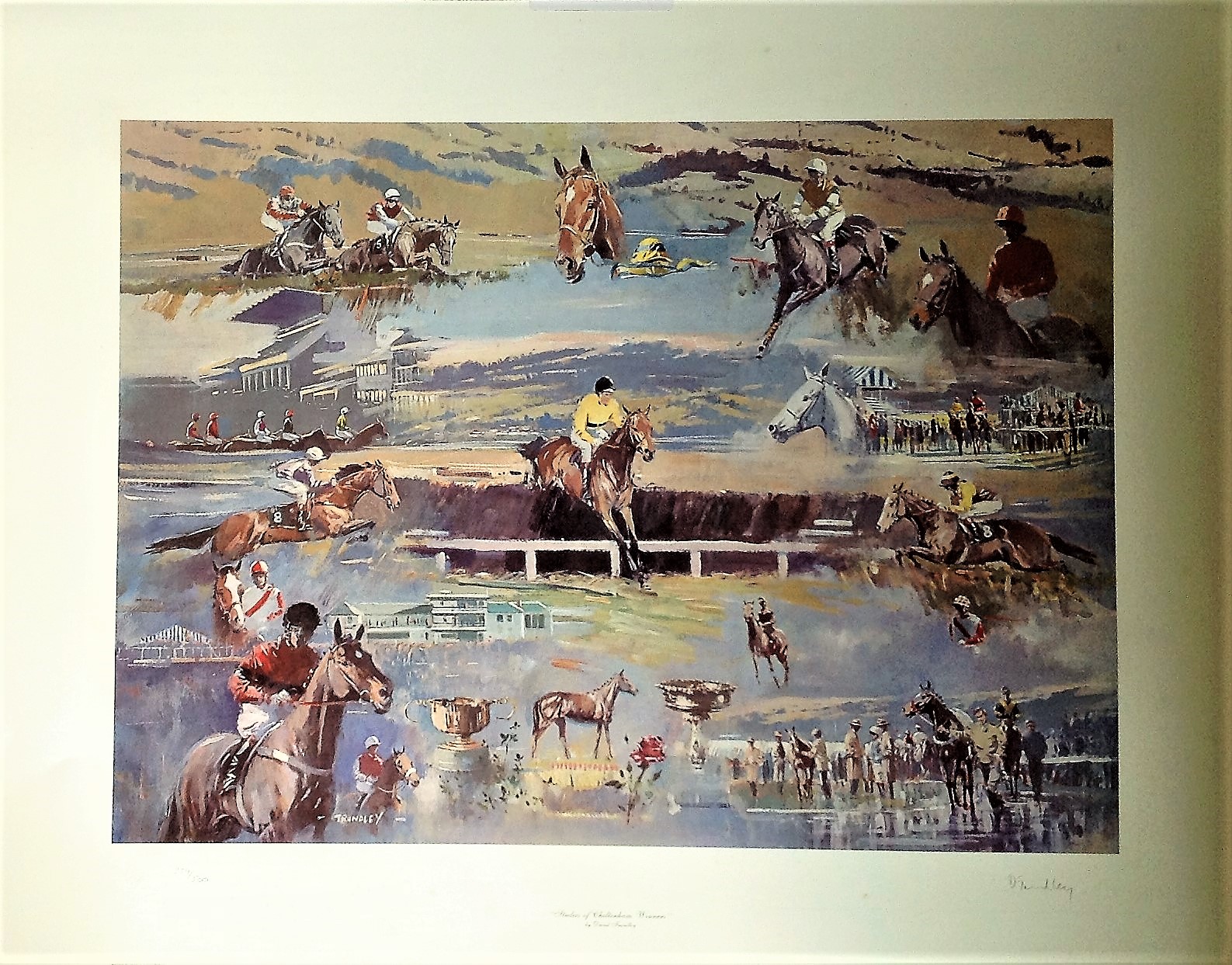 Horse Racing print 24x30 approx titled "Studies of Cheltenham Winners "signed in pencil by the