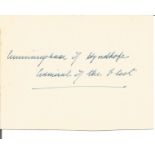 Admiral Cunningham of Hyndhope clear autograph signed on off white card, which has a little